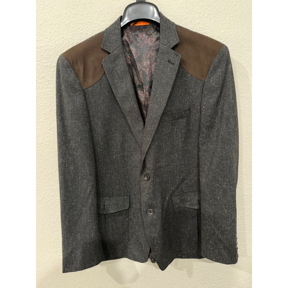 Tallia Orange Mens Charcoal Grey Wool Blend Blazer Brown Suede Shoulder Patches